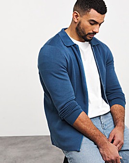 Blue Cotton Knitted Zip Through Shirt