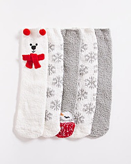 5 Pair Pack Fluffy Christmas Socks