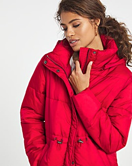 Red Mid Length Padded Duvet Coat with Adjustable Waist