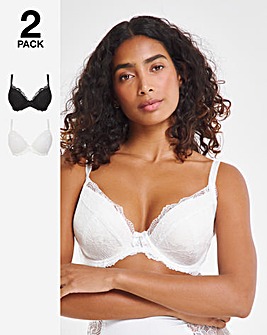 Pretty Secrets 2 Pack Ella Lace Padded Plunge Wired Bras B-J - Black/White