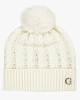 Guess Cream Knitted G Logo Diamante Pom Pom Beanie Hat