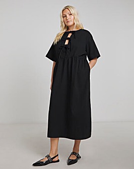 Black Denim Tie Front Midi Dress