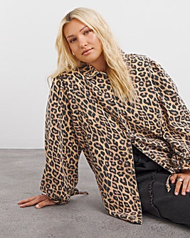 Leopard Blouson Sleeve Denim Shacket