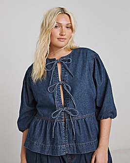 Dark Blue Tie Front Denim Peplum Blouse