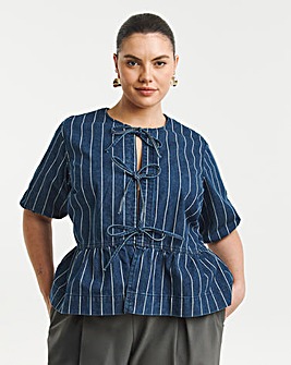 Striped Blue Tie Front Denim Peplum Blouse