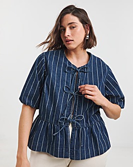 Striped Blue Tie Front Denim Peplum Blouse