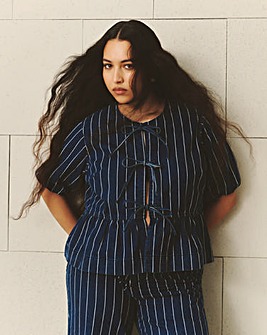 Striped Blue Tie Front Denim Peplum Blouse