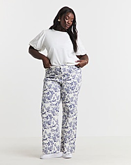 Blue Floral Printed Denim Wide Leg Jeans