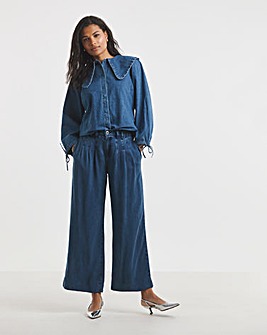 Mid Blue Pleat Detail Lyocell Wide Leg Jeans