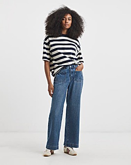 Mid Wash Front Pocket Detail Slim Wide Jeans