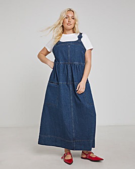 Light Mid Blue Covered Buckle Dungaree Midaxi Dress