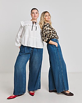 Mid Blue Draped Tencel Wide Leg Jeans