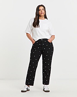 Simply Be Mono Embroidered Spot Denim Straight Leg Jeans