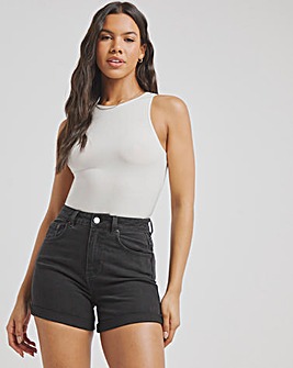 Washed Black Roll Hem Mom Shorts