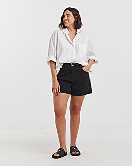 Washed Black Roll Hem Mom Shorts