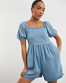 Mid Light Wash Puff Sleeve Romper with Tencel TM Lyocell