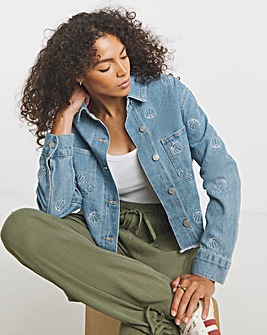 Light Wash Shell Embroidered Cropped Shacket