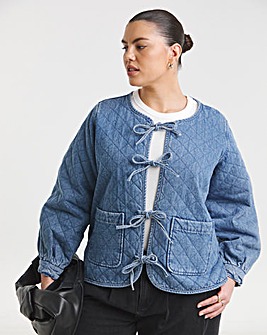 Mid Blue Quilted Tie Front Denim Jacket