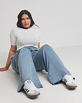 Bleach Wash Pull On Wide Leg Jeans with Tencel TM Lyocell