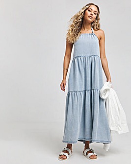 Light Wash Blue Halter Tiered Maxi Dress with Tencel TM Lyocell