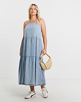 Light Wash Blue Halter Tiered Maxi Dress with Tencel TM Lyocell