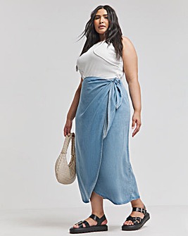 Mid Wash Denim Wrap Midi Skirt with Tencel TM Lyocell