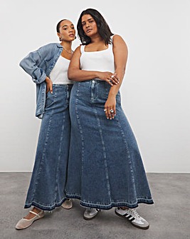 Mid Wash Fit and Flare Denim Maxi Skirt