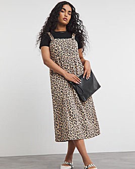 Leopard Print Midaxi Denim Pinafore Dress