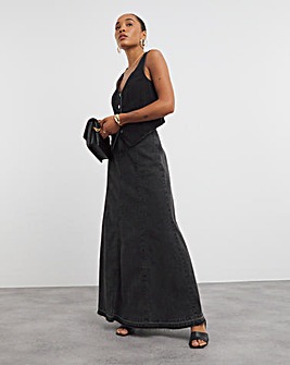 Washed Black Fit and Flare Denim Maxi Skirt