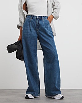 Mid Blue Pleat Detail Wide Leg Jeans