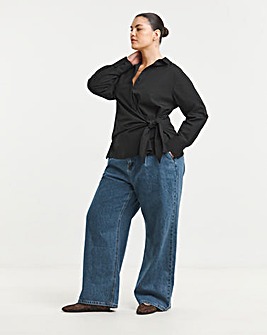 Mid Blue Pleat Detail Wide Leg Jeans