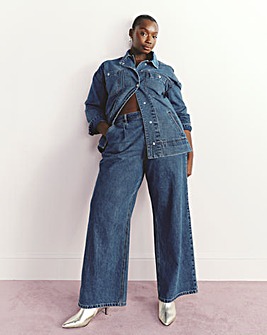 Mid Blue Pleat Detail Wide Leg Jeans