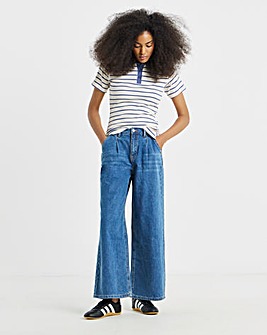 Mid Blue Pleat Detail Wide Leg Jeans