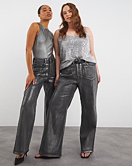 Black Metallic Wide Leg Jeans