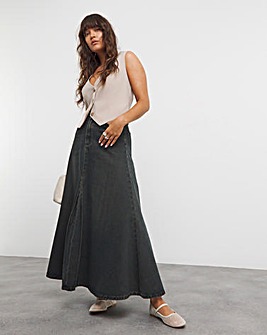 Dark Wash Box Pleat Maxi Denim Skirt