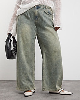 Green Tint Double Pleat Detail Wide Leg Jean