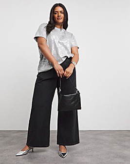 Washed Black Double Pleat Detail Wide Leg Jeans