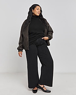 Washed Black Double Pleat Detail Wide Leg Jeans