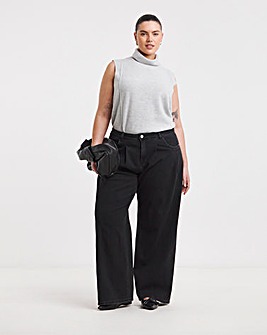 Washed Black Double Pleat Detail Wide Leg Jeans