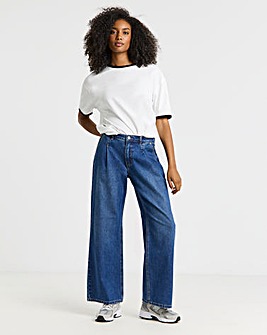 Mid Blue Pleat Detail Wide Leg Jeans