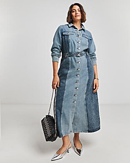 Simply Be X Twisted Wunder Mid Wash Patchwork Denim Maxi Dress