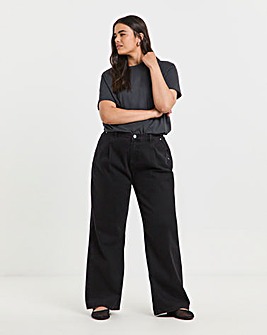 Washed Black Pleat Detail Wide Leg Jeans