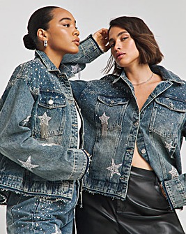 Simply Be X Twisted Wunder Mid Wash Star Embellished Boyfriend Denim Jacket