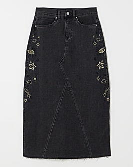 Simply Be X Twisted Wunder Black Cosmic Mix A Line Denim Maxi Skirt