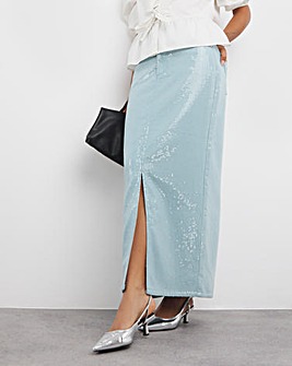 Light Wash Clear Sequin Maxi Skirt