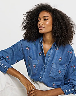 Mid Wash Floral Embroidered Shirt with Lyocell