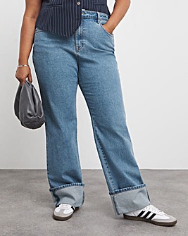 Bright Blue Turn Up Hem Straight Leg Jean