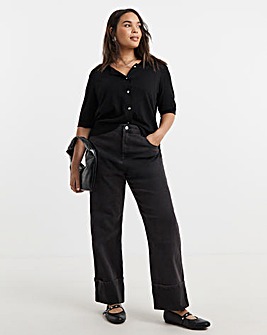 Black Turn Up Hem Straight Leg Jeans