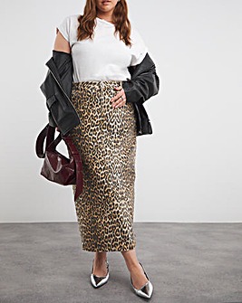 Leopard Print Denim Maxi Skirt