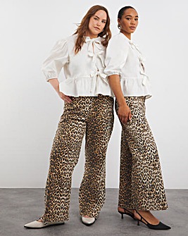 Leopard Print Denim Wide Leg Jeans